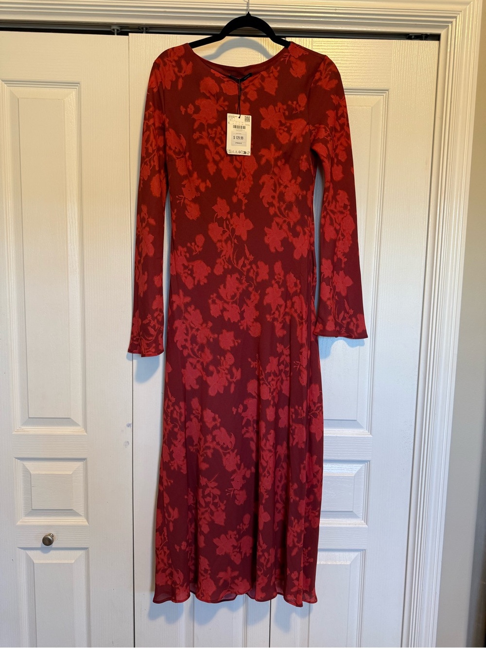 Mango Red Floral Long Sleeve Midi Dress